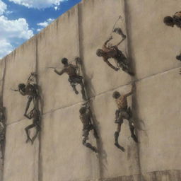 Dramatic moment where members of the Survey Corps suddenly leap from the wall, using their maneuvering gear, in the middle of the attack by the brown-skinned abnormal Titans in Attack on Titan.