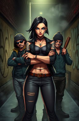 A bold and fierce female character named Zee, standing confidently at the forefront with a group of five rugged, intimidating criminal brothers behind her