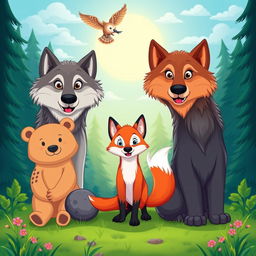 A colorful cartoon scene featuring a pack of wolves standing proudly in the background, set against a lush forest landscape