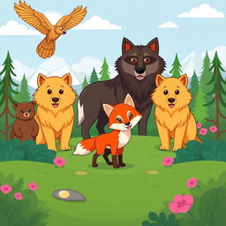 A colorful cartoon scene featuring a pack of wolves standing proudly in the background, set against a lush forest landscape