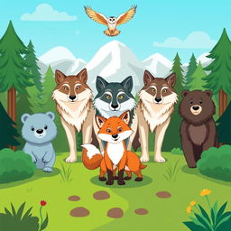 A colorful cartoon scene featuring a pack of wolves standing proudly in the background, set against a lush forest landscape