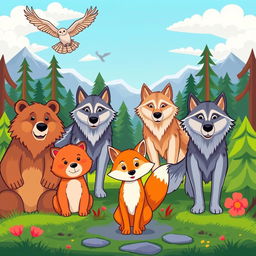 A colorful cartoon scene featuring a pack of wolves standing proudly in the background, set against a lush forest landscape