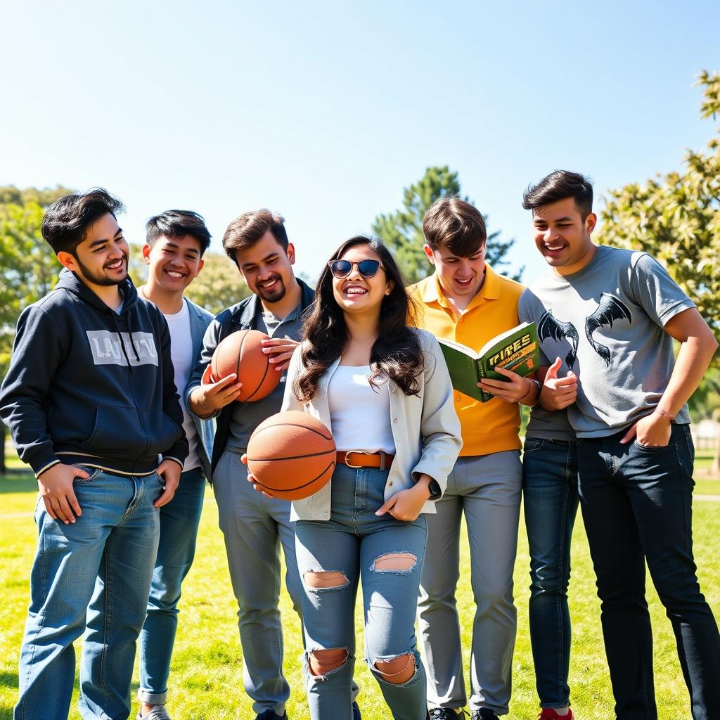 A vibrant and dynamic scene featuring Zee, a confident woman, surrounded by her five brothers