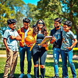 A vibrant and dynamic scene featuring Zee, a confident woman, surrounded by her five brothers