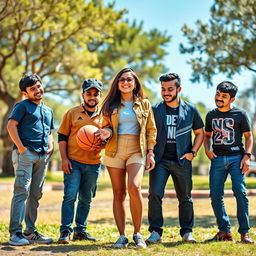 A vibrant and dynamic scene featuring Zee, a confident woman, surrounded by her five brothers