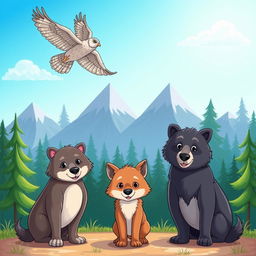 A charming cartoon scene depicting a pack of wolves in the background, standing tall against a vibrant forest backdrop