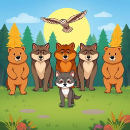 A charming cartoon scene depicting a pack of wolves in the background, standing tall against a vibrant forest backdrop