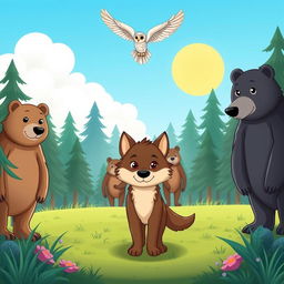 A charming cartoon scene depicting a pack of wolves in the background, standing tall against a vibrant forest backdrop