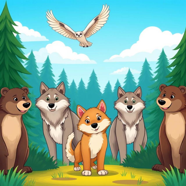 A charming cartoon scene depicting a pack of wolves in the background, standing tall against a vibrant forest backdrop