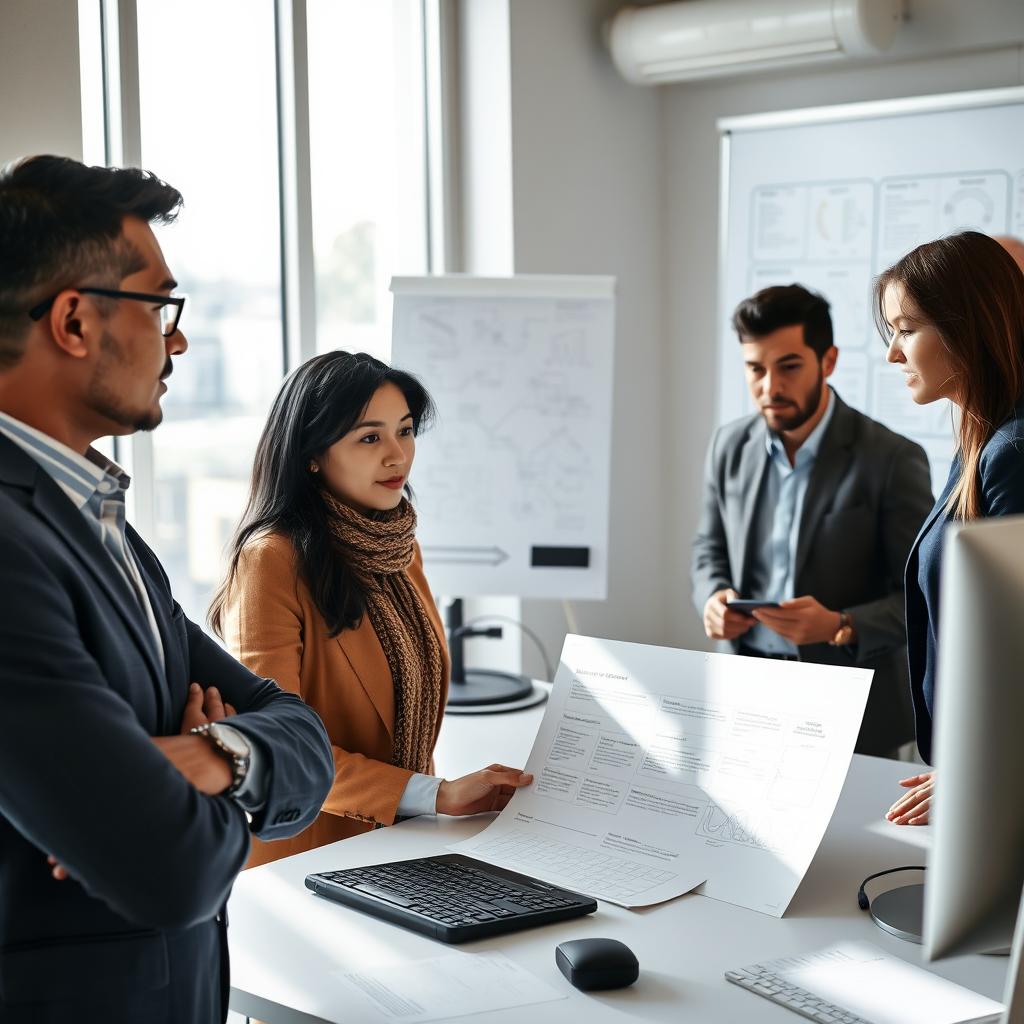 A professional setting in an IT office environment, showing a group of diverse individuals collaborating over a project