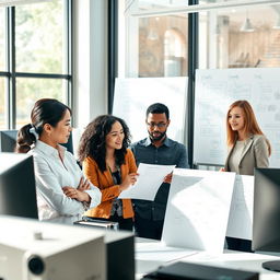 A professional setting in an IT office environment, showing a group of diverse individuals collaborating over a project