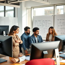 A professional setting in an IT office environment, showing a group of diverse individuals collaborating over a project