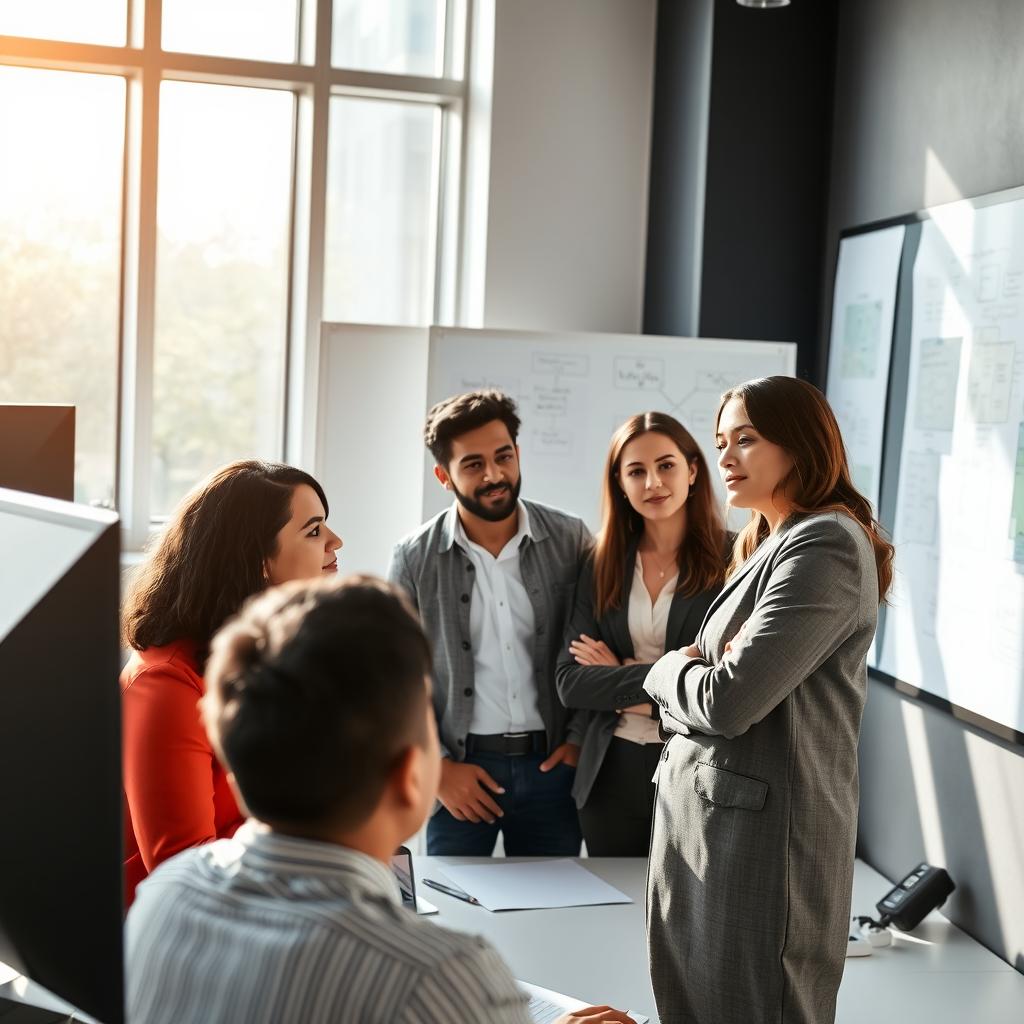 A professional setting in an IT office environment, showing a group of diverse individuals collaborating over a project