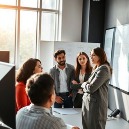 A professional setting in an IT office environment, showing a group of diverse individuals collaborating over a project