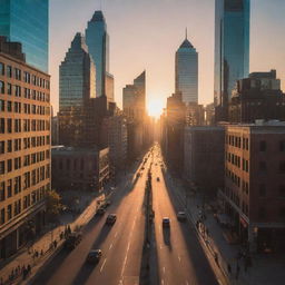 An enchanting, vivid cityscape during sunset with towering skyscrapers casting long shadows, the faint glimmer of cars, and pedestrians moving in the soft, warm glow of the setting sun.