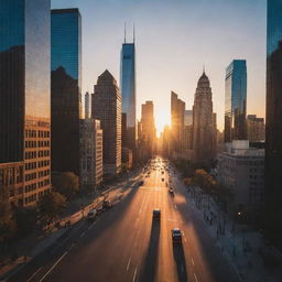 An enchanting, vivid cityscape during sunset with towering skyscrapers casting long shadows, the faint glimmer of cars, and pedestrians moving in the soft, warm glow of the setting sun.