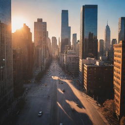 An enchanting, vivid cityscape during sunset with towering skyscrapers casting long shadows, the faint glimmer of cars, and pedestrians moving in the soft, warm glow of the setting sun.