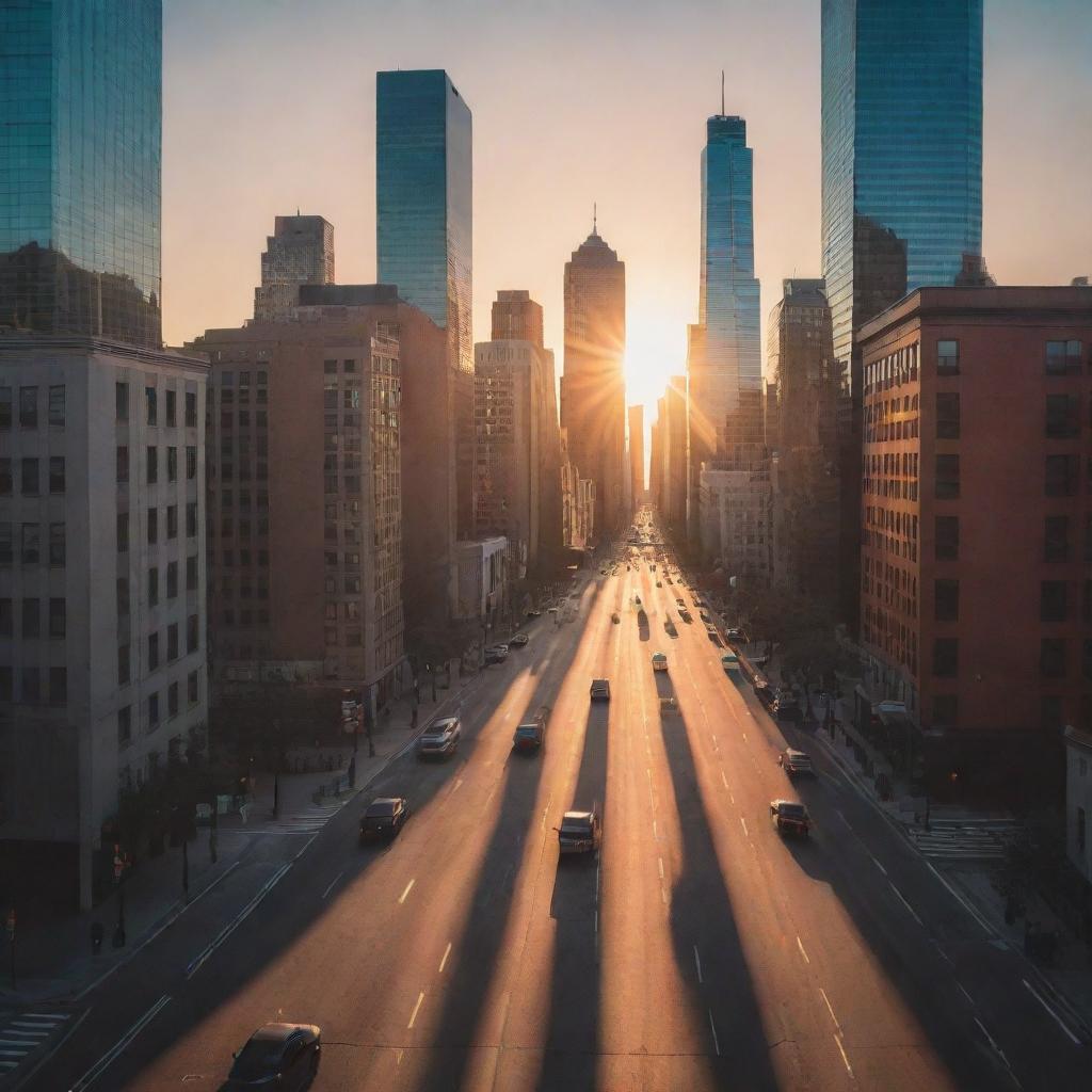 An enchanting, vivid cityscape during sunset with towering skyscrapers casting long shadows, the faint glimmer of cars, and pedestrians moving in the soft, warm glow of the setting sun.