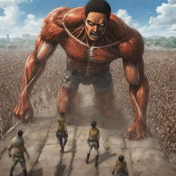 Epic scenario of all Survey Corps members slicing down 15-meter tall, brown-skinned Titans from Attack on Titan with precision and bravery.