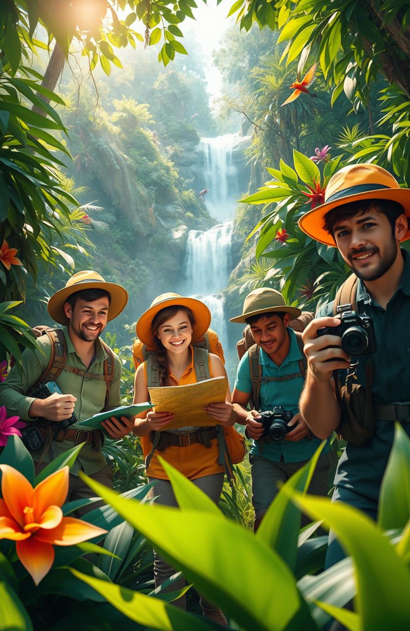 A dynamic and vibrant scene depicting a group of explorers in a lush, dense jungle