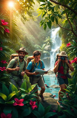 A dynamic and vibrant scene depicting a group of explorers in a lush, dense jungle