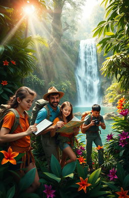 A dynamic and vibrant scene depicting a group of explorers in a lush, dense jungle