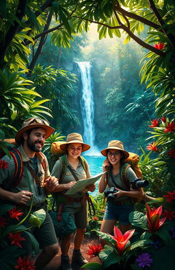 A dynamic and vibrant scene depicting a group of explorers in a lush, dense jungle