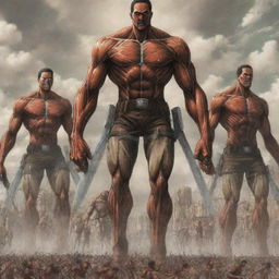 Epic scenario of all Survey Corps members slicing down 15-meter tall, brown-skinned Titans from Attack on Titan with precision and bravery.