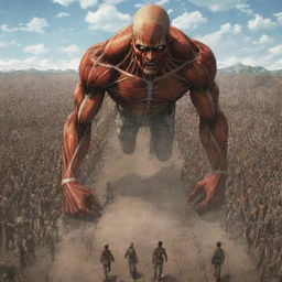 Epic scenario of all Survey Corps members slicing down 15-meter tall, brown-skinned Titans from Attack on Titan with precision and bravery.