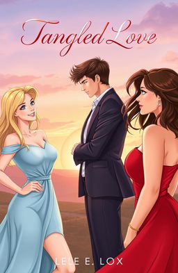 A beautifully illustrated cover for a romance novel titled 'Tangled Love'