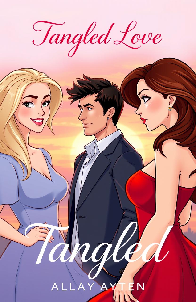 A beautifully illustrated cover for a romance novel titled 'Tangled Love'