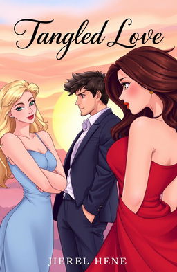 A beautifully illustrated cover for a romance novel titled 'Tangled Love'