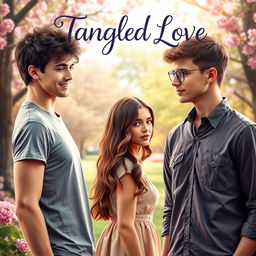 A captivating cover for a romance novel titled 'Tangled Love'