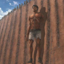 Epic scenario of all Survey Corps members slicing down 15-meter tall, brown-skinned Titans from Attack on Titan with precision and bravery.