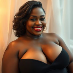 A voluptuous black woman in her 30s with large breasts, depicted in a sensual yet tasteful manner