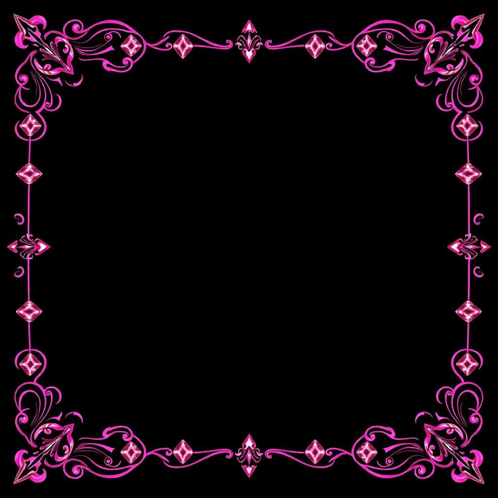 A visually striking design set against a rich black background that emphasizes a luxurious pink border adorned with diamond patterns