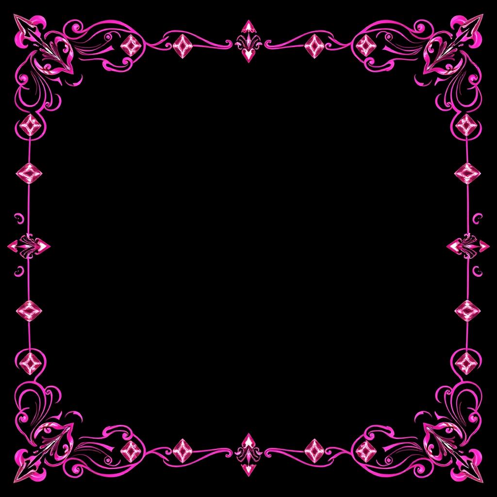 A visually striking design set against a rich black background that emphasizes a luxurious pink border adorned with diamond patterns