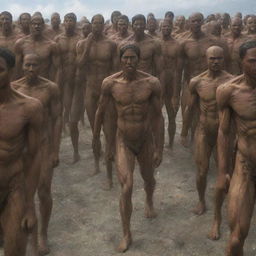 A scene from Attack on Titan showing all the brown-skinned, 15-meter tall Titans stripped of any clothing, increasing the grotesque and unusual appearance of these creatures as they clash with the intrepid Survey Corps.