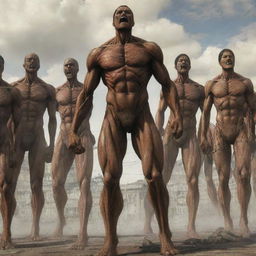 A scene from Attack on Titan showing all the brown-skinned, 15-meter tall Titans stripped of any clothing, increasing the grotesque and unusual appearance of these creatures as they clash with the intrepid Survey Corps.