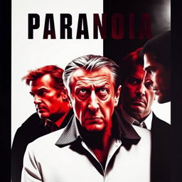 A captivating movie poster titled 'Paranoia', featuring Robert De Niro as the main actor in the center, displaying a concerned and intense expression