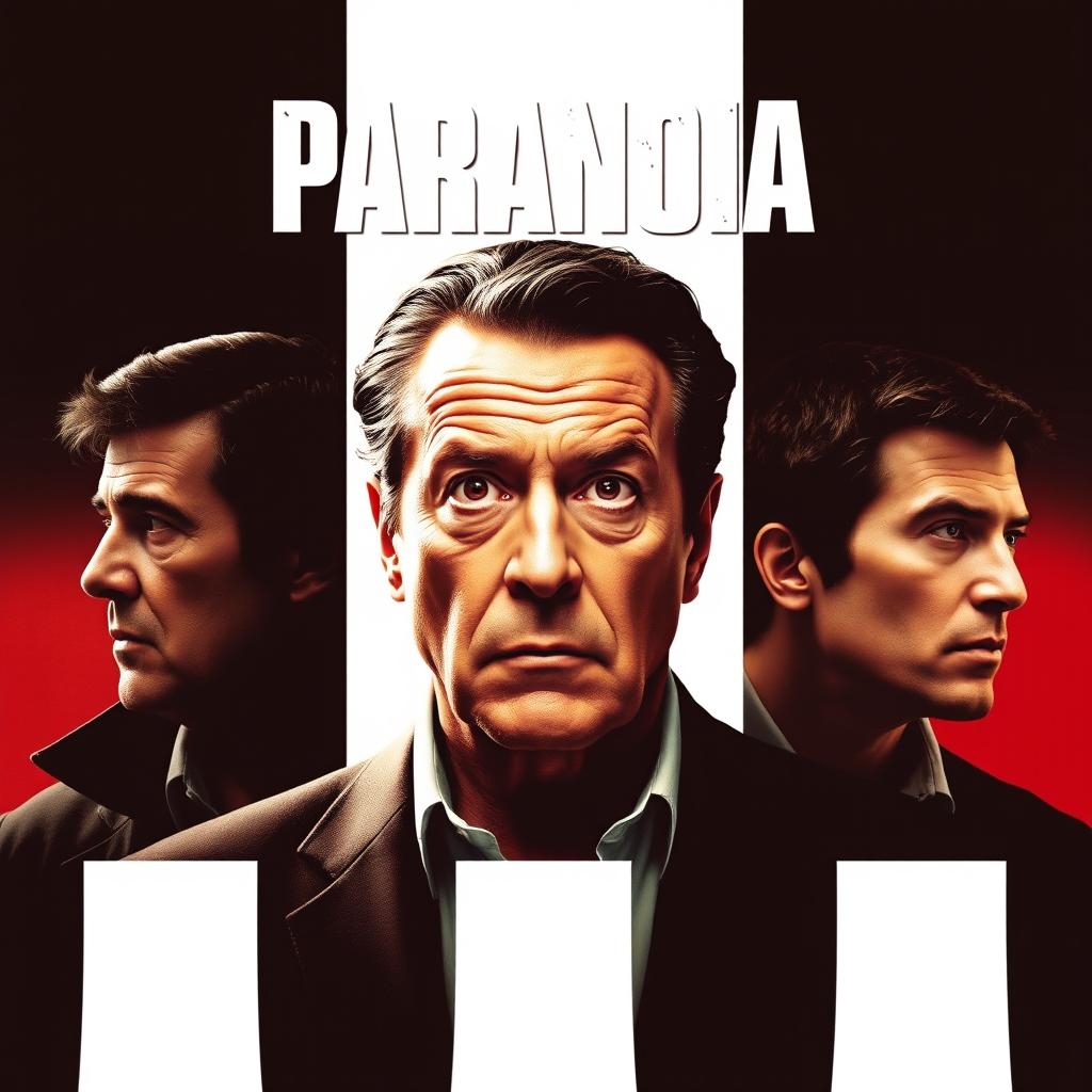 A captivating movie poster titled 'Paranoia', featuring Robert De Niro as the main actor in the center, displaying a concerned and intense expression