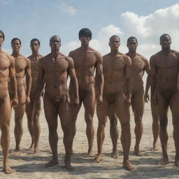 A scene from Attack on Titan showing all the brown-skinned, 15-meter tall Titans stripped of any clothing, increasing the grotesque and unusual appearance of these creatures as they clash with the intrepid Survey Corps.