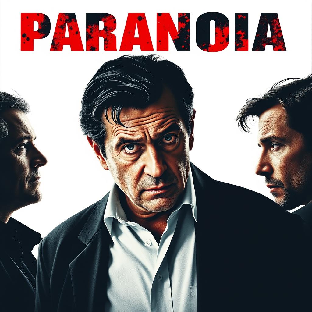 A captivating movie poster titled 'Paranoia', featuring Robert De Niro as the main actor in the center, displaying a concerned and intense expression