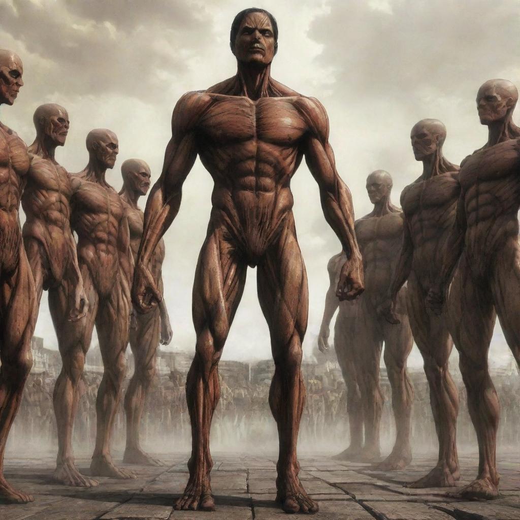 A scene from Attack on Titan showing all the brown-skinned, 15-meter tall Titans stripped of any clothing, increasing the grotesque and unusual appearance of these creatures as they clash with the intrepid Survey Corps.