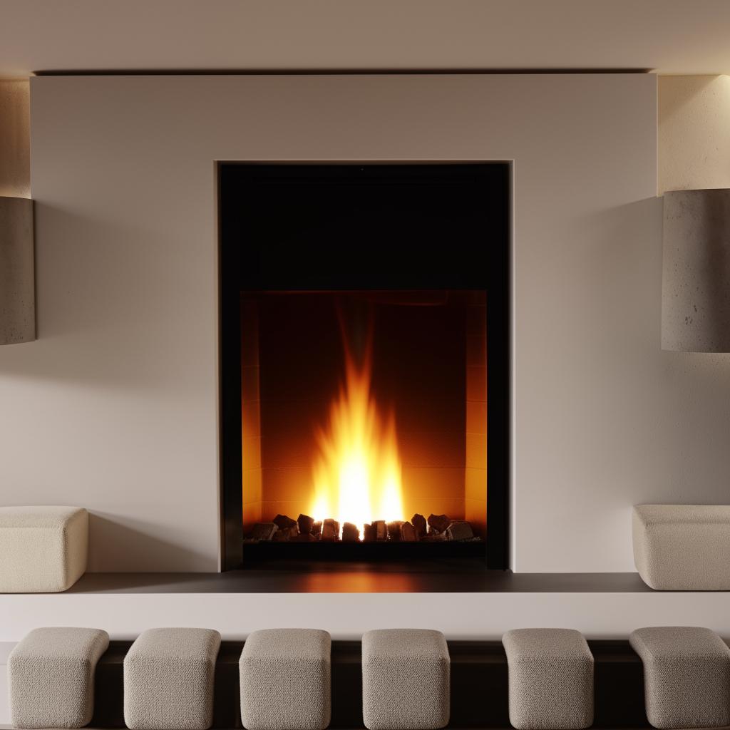 A modern, sleek fireplace adorned with small, stylish seats around it, with a warm, inviting glow illuminating the area.