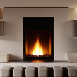 A modern, sleek fireplace adorned with small, stylish seats around it, with a warm, inviting glow illuminating the area.