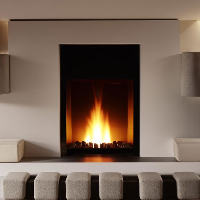 A modern, sleek fireplace adorned with small, stylish seats around it, with a warm, inviting glow illuminating the area.