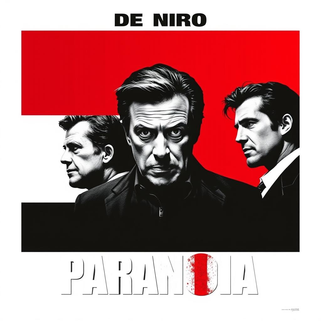 A captivating movie poster titled 'Paranoia', featuring Robert De Niro as the main actor centrally positioned with a commanding presence