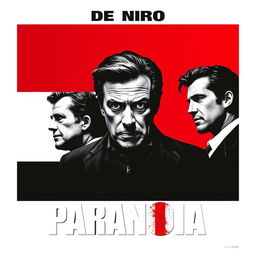 A captivating movie poster titled 'Paranoia', featuring Robert De Niro as the main actor centrally positioned with a commanding presence