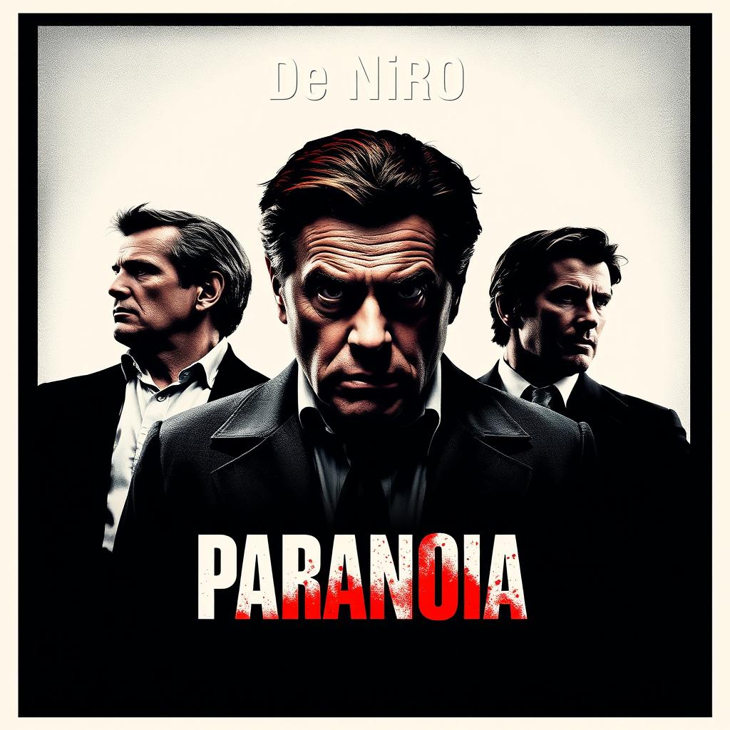 A captivating movie poster titled 'Paranoia', featuring Robert De Niro as the main actor centrally positioned with a commanding presence